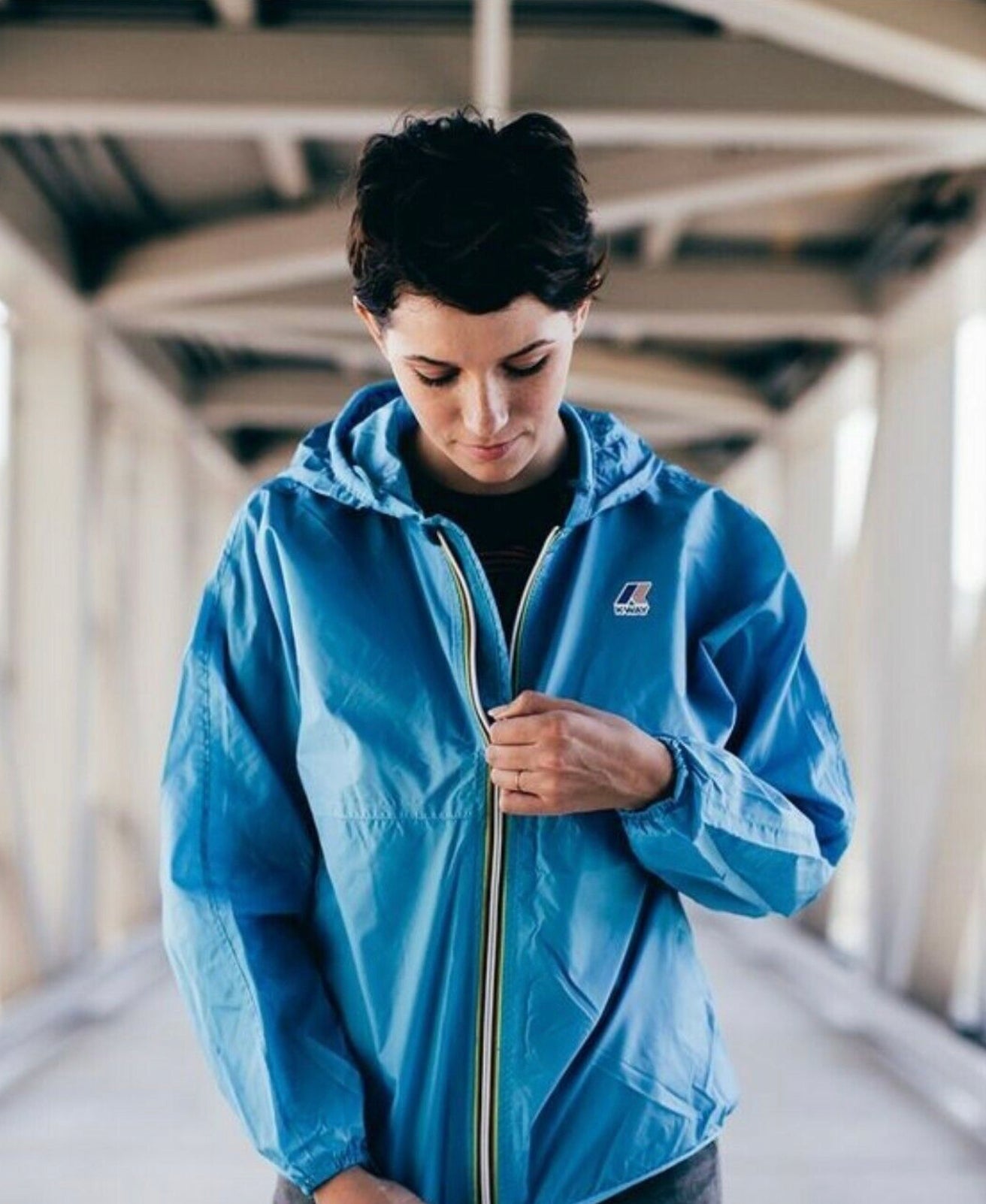 Women wearing a Claude Kiwi jacket from K-Way in Light Powder Blue