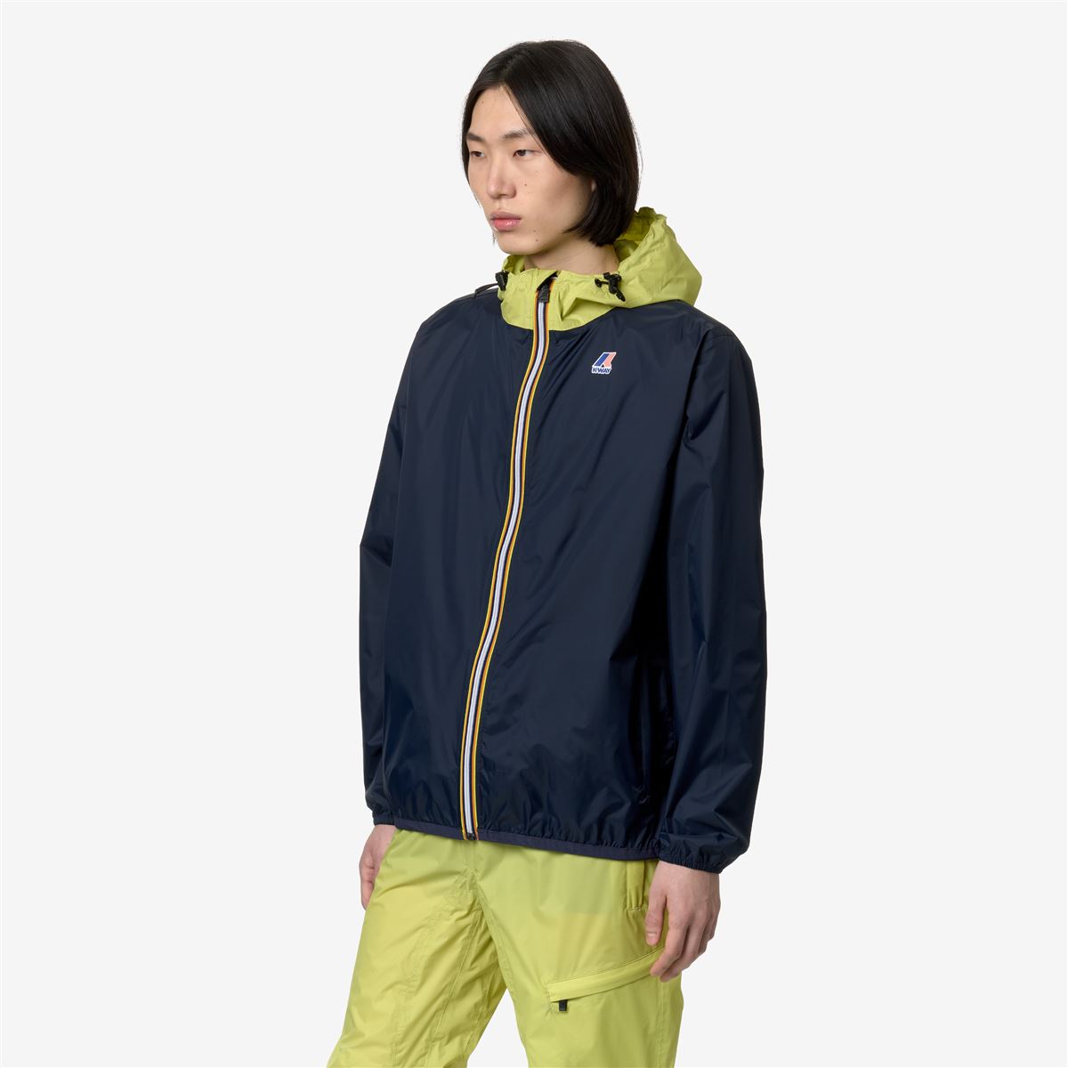 Claude - Unisex Packable Full Zip Waterproof  Rain Jacket in Blue Depth - Green Celery